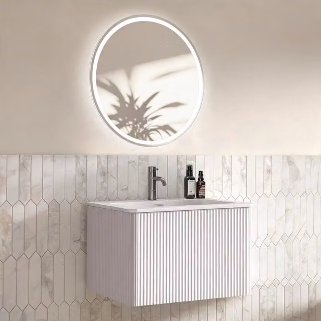 Mobile Bagno Sospeso 60 cm Bianco con Lavabo Integrato e Specchio Rotondo LED Antiappannamento
