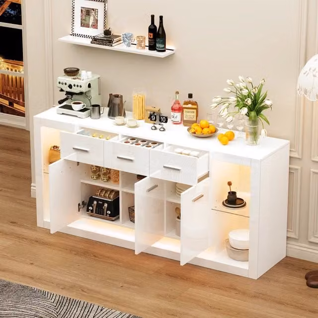 Credenza con illuminazione LED 3 cassetti 3 ante 14 vani ripiani regolabili bianca 160 × 40 × 75 cm