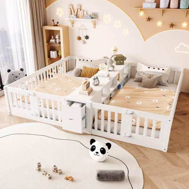 Letto per Bambini Doppio 90x200 cm in Legno con Cassetti e Libreria Centrale Bianco