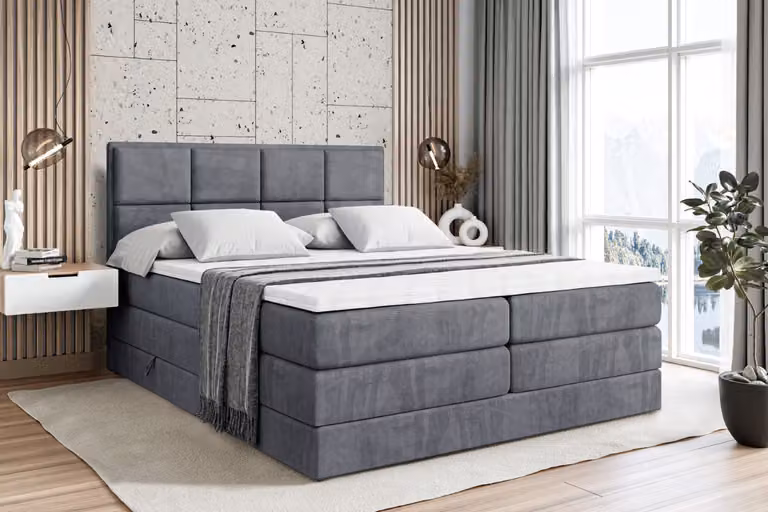 Letto boxspring ALTDECOR con 2 materassi e topper - 200x200 cm - NOVA KING - Velluto grigio scuro - Letto imbottito con materassi H3 e H4, contenitore e rete a doghe, letto con spazio contenitivo