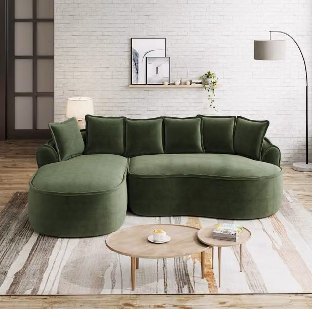 Divano modulare senza struttura verde in ciniglia; chaise longue profonda e cuscini