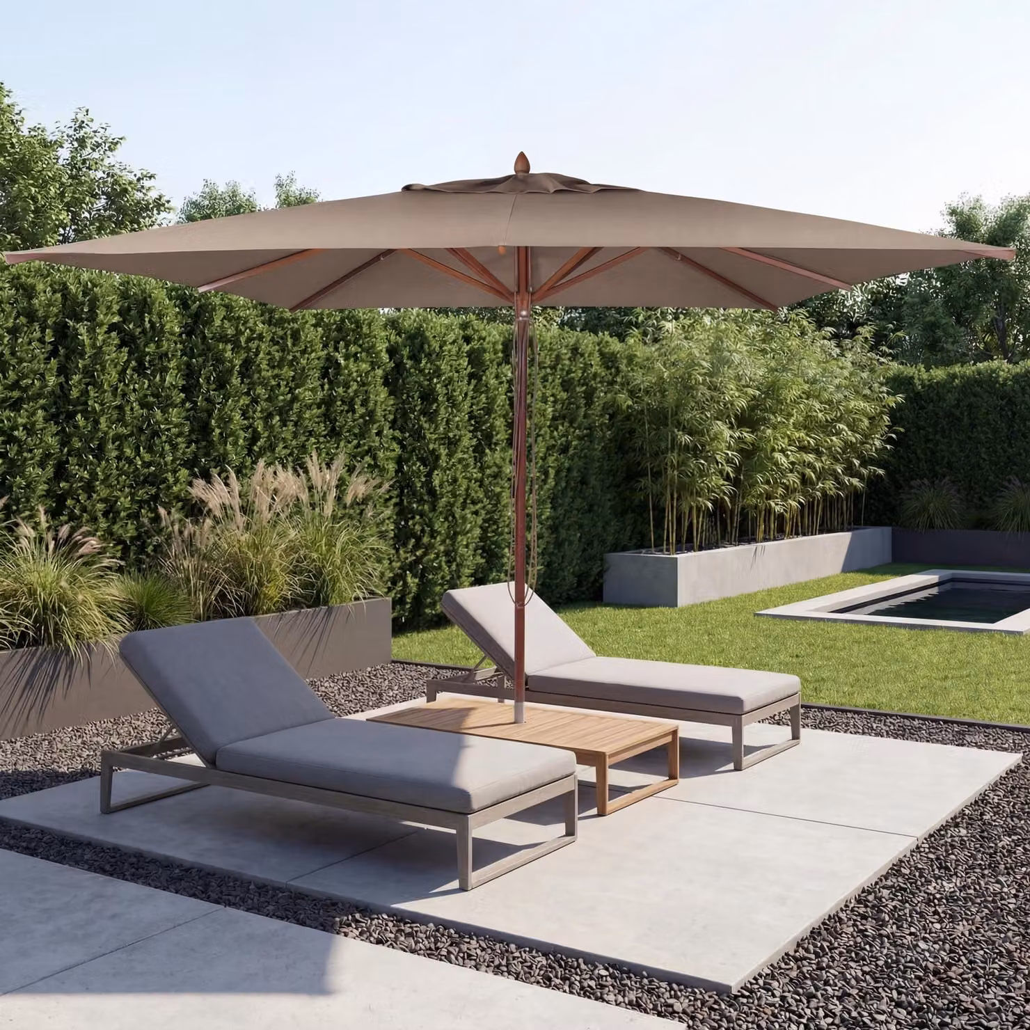 Ombrellone da ristorante HWC-C57b, ombrellone da giardino, poliestere/legno 29 kg, quadrato 4x4 m, resistente agli urti con corda ~ taupe