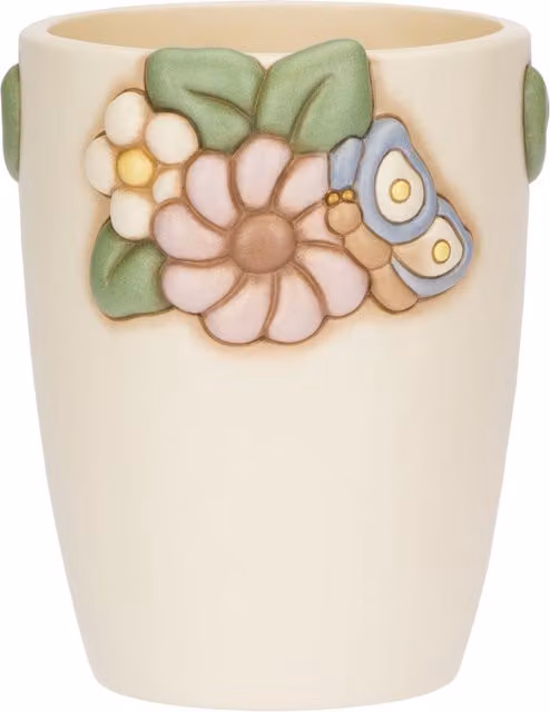 Vaso Calendula Medio Thun in ceramica beige con decorazione floreale e forma rotonda