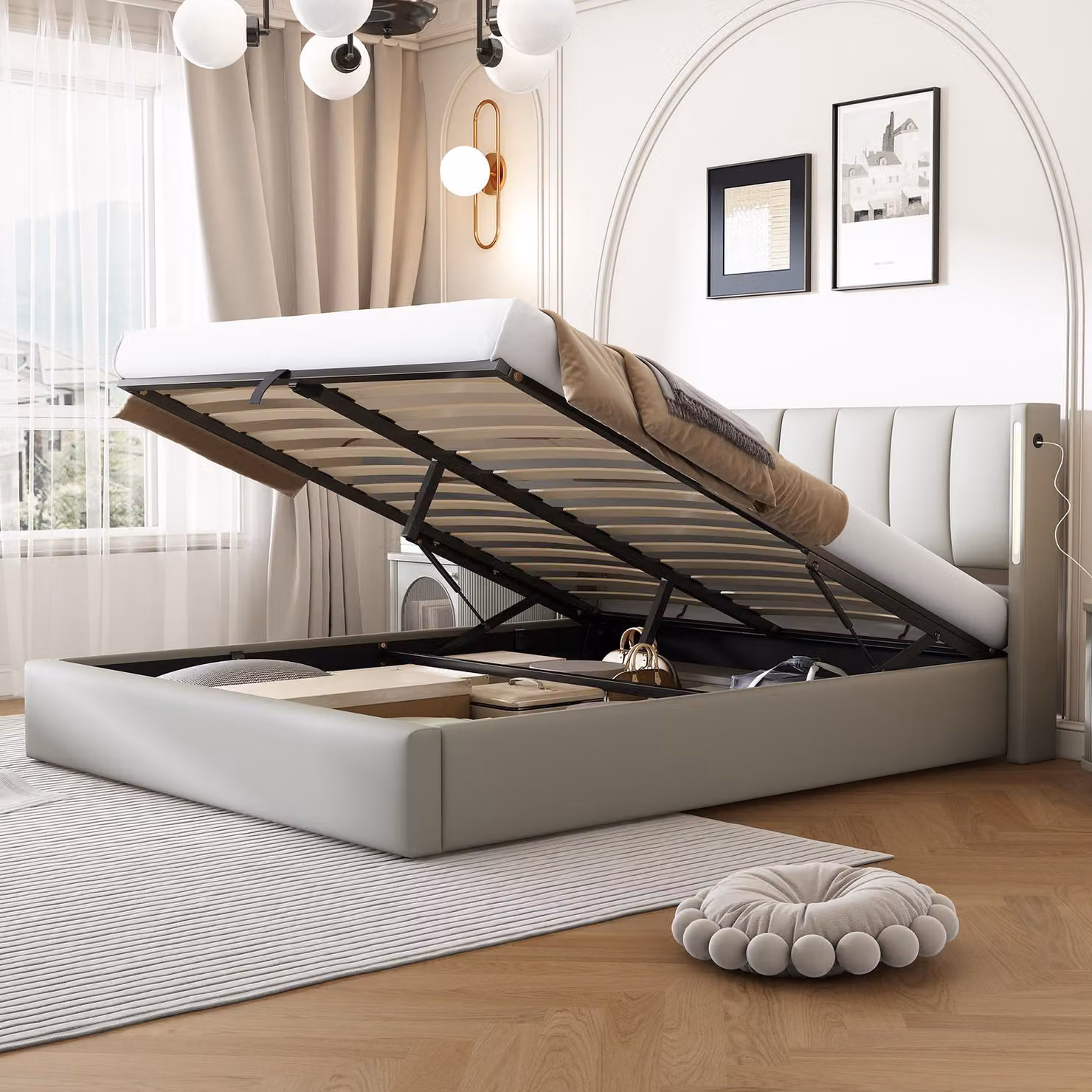 OKWISH Letto matrimoniale 140x190 - Letto con LED e contenitore idraulico - Moderno inPoliuretano- Senza materasso - Grigio