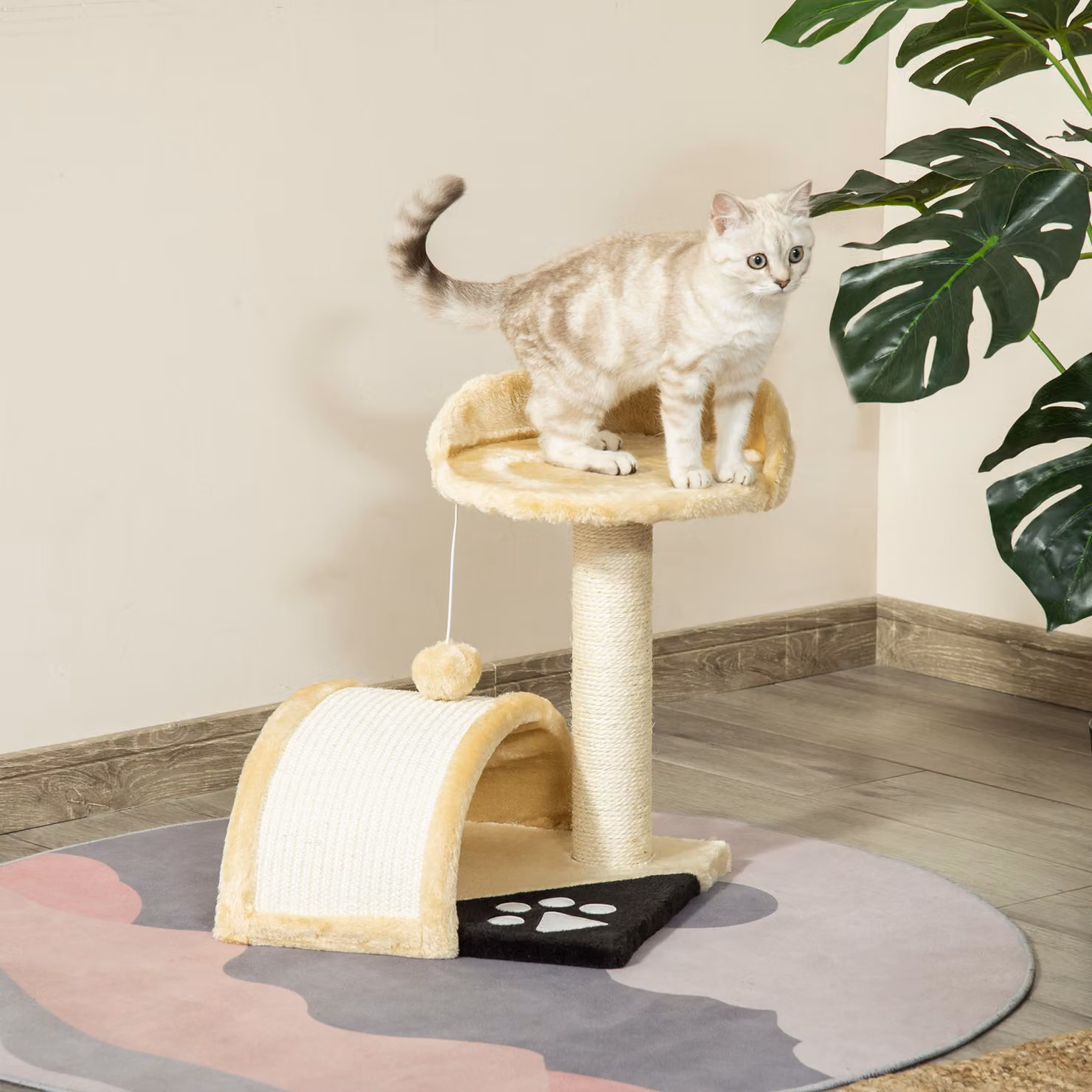 Albero Tiragraffi per Gatti PawHut con Cave e Giocattoli Integrati in Sisal, Beige, L 35.5 cm x P 37 cm x H 46 cm – 2