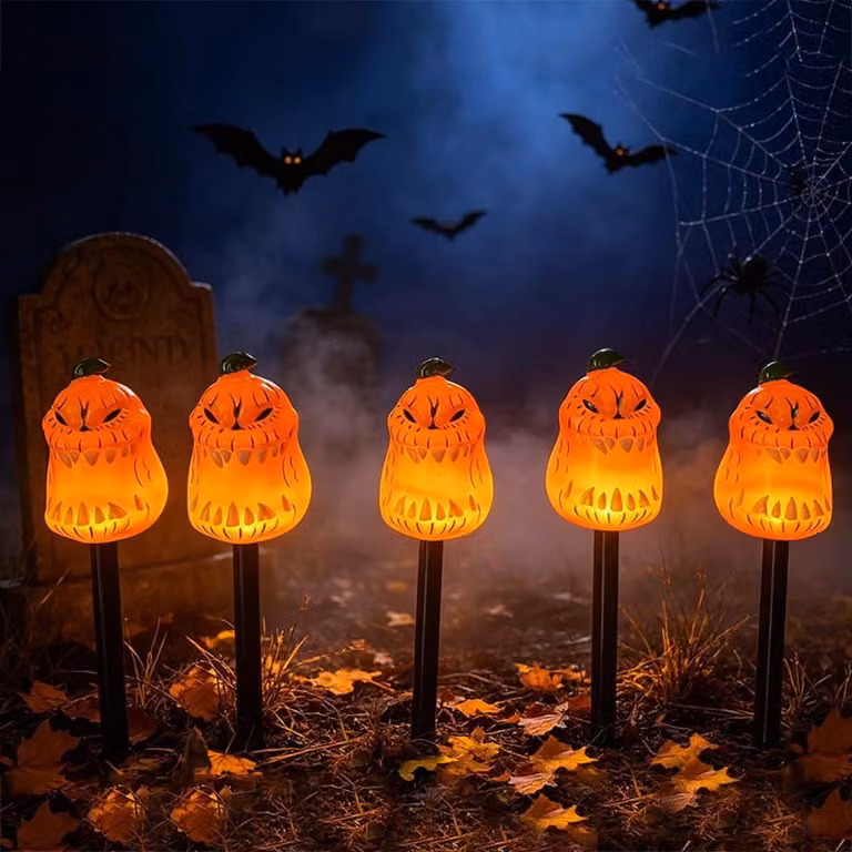 Confezione da 5 lanterne solari a forma di zucca, decorazioni LED per Halloween, dimensioni 40x11x9 cm