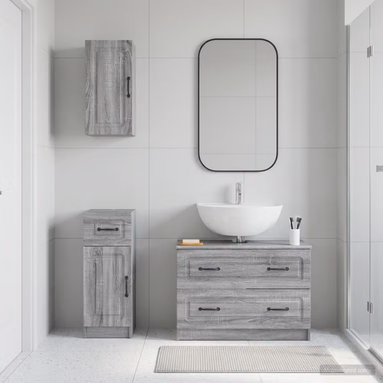 Set di armadietti da bagno UTRECHT di vidaXL in 3 pezzi, colore grigio Sonoma, con mobile lavabo e pensili a parete