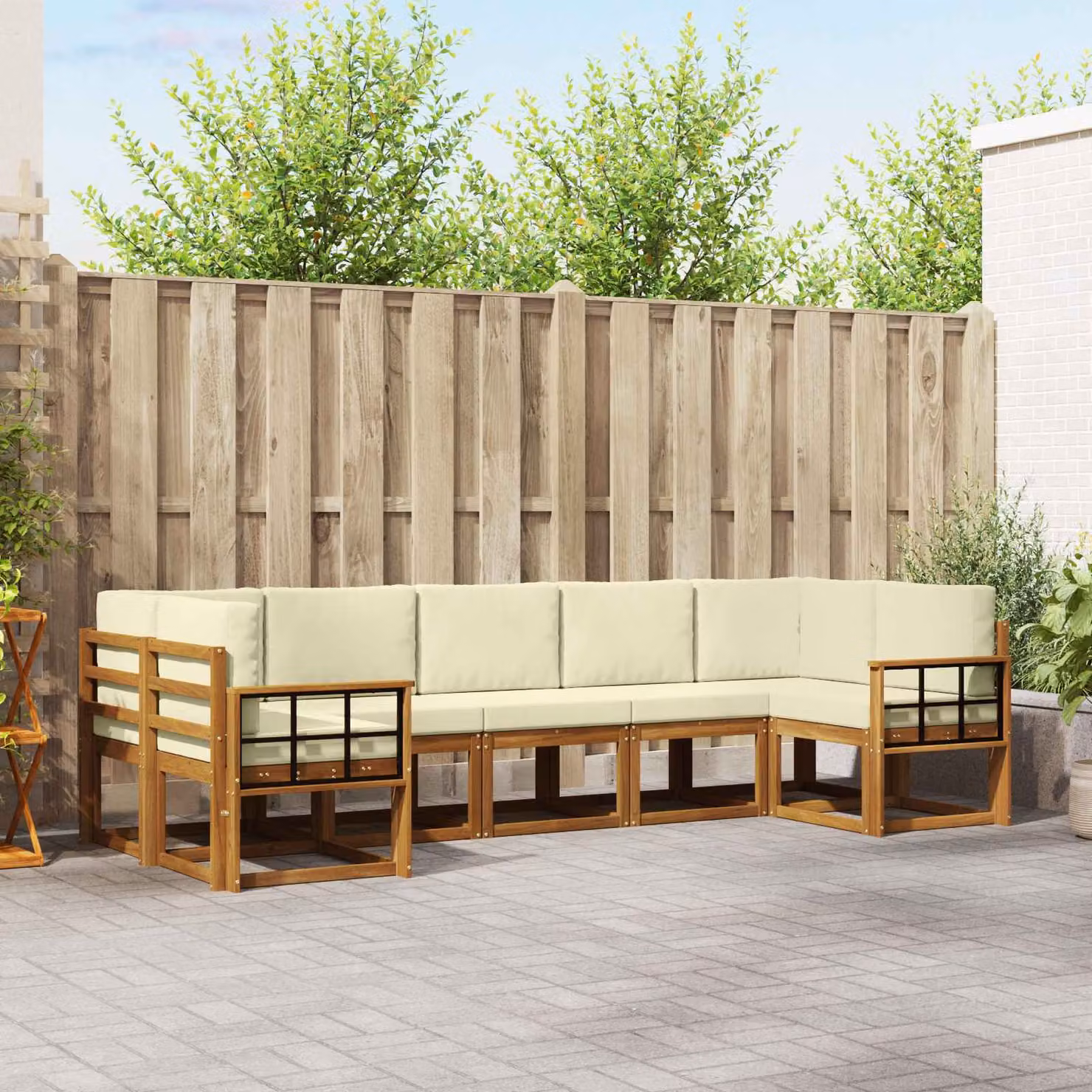 Set di divani da esterno vidaXL a forma di L composto da 7 pezzi in legno di acacia con cuscini in tessuto beige e marrone per giardino e terrazza