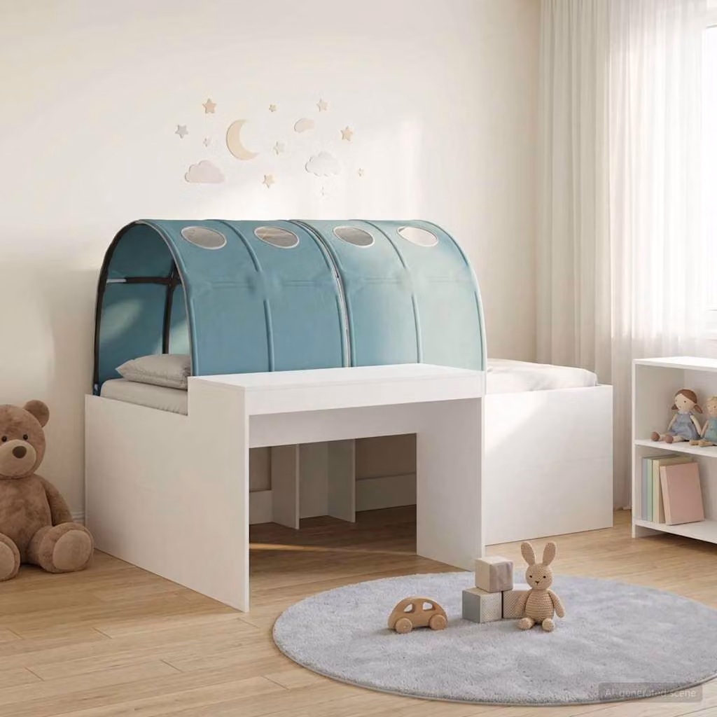 Letto singolo per bambini con tunnel vidaXL in legno ingegnerizzato, Bianco, Azzurro e Marrone, L: 120,0 cm, P: 203,0 cm, H: 133,5 cm