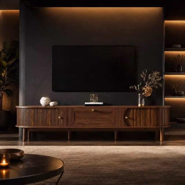 Mobile TV Mivray in MDF noce con cassetto e due ante scorrevoli, gambe in legno e maniglie dorate, colore marrone, L: 170 cm, P: 39.5 cm, H: 38 cm