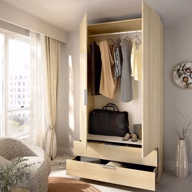 Armadio da camera da letto moderno DMORA con ante a battente, cassetti interni e appendiabiti, Marrone e Beige, L: 51 cm, H: 204 cm