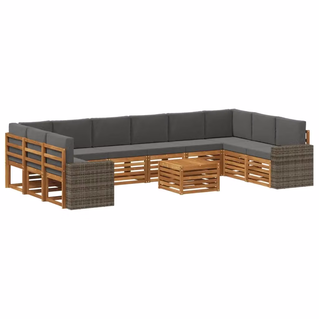 Set di divani da esterno vidaXL a forma di L composto da 11 pezzi in legno di acacia con cuscini beige e antracite e tavolino da caffè incluso – 2