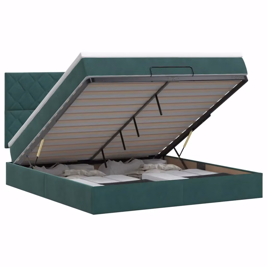 Letto ottomano moderno vidaXL in velluto verde e bianco con contenitore a sollevamento e materasso a molle L/P/H: 144 x 203 x 88 cm – 2