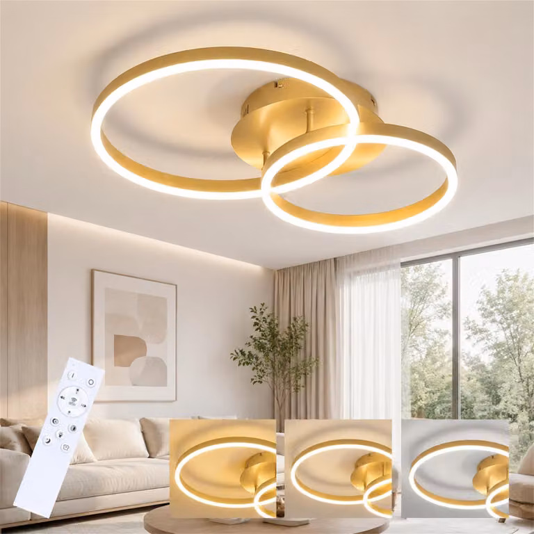 ZMH Lampada a soffitto LED 46W Plafoniera soggiorno Dimmerabile con telecomando Oro 2 anelli in acrilico Illuminazione soffitto per camera da letto