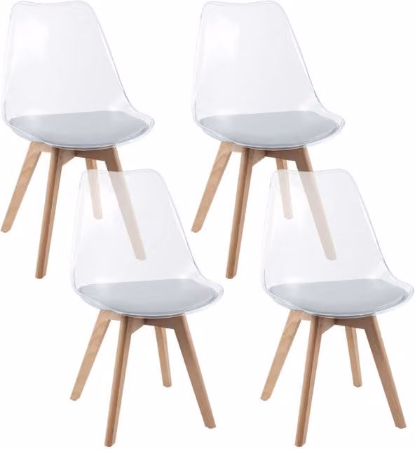 Set sedie da pranzo trasparenti moderne senza braccioli con schienale trasparente, Set sedie in legno massello di faggio Bianco