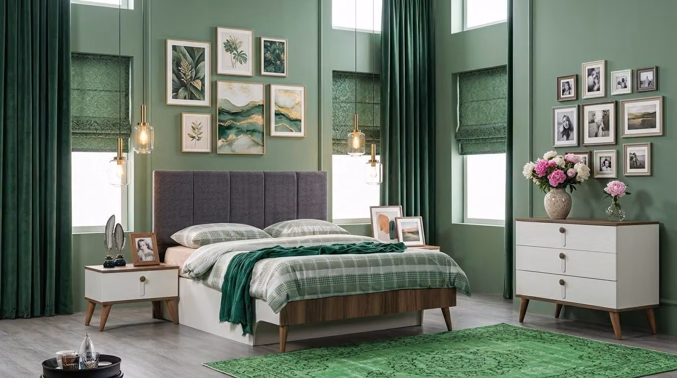 Set per camera da letto: letto, testiera, comò, 2 comodini