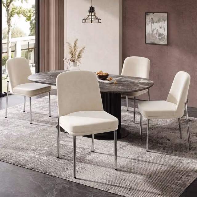 Set di 4 sedie da pranzo Mivray in velluto beige con gambe in metallo argento e stile minimalista – 1
