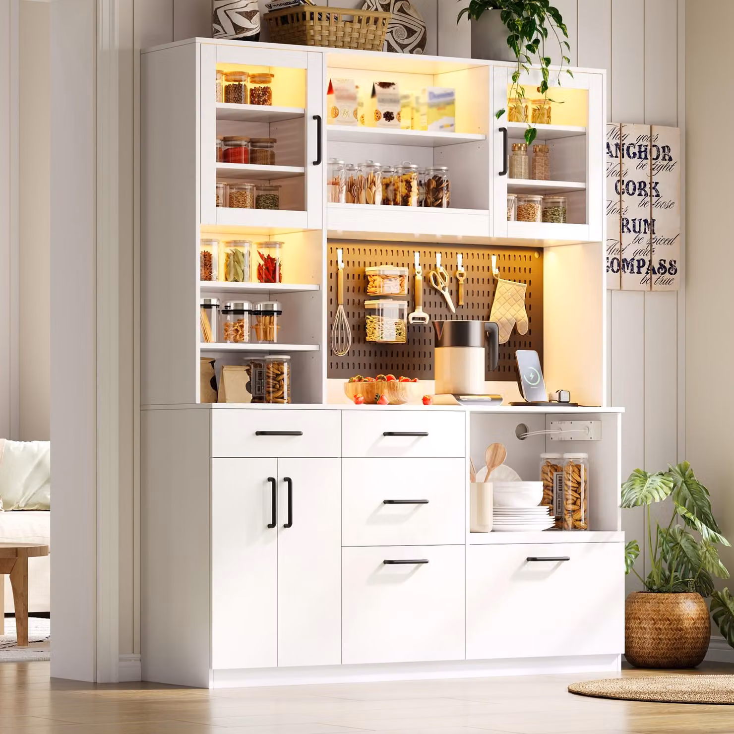 Mobile da cucina con piano di lavoro, presa di corrente e porta USB, mobile da cucina in MDF bianco con illuminazione LED RGB, dimensioni 145x40x185 cm