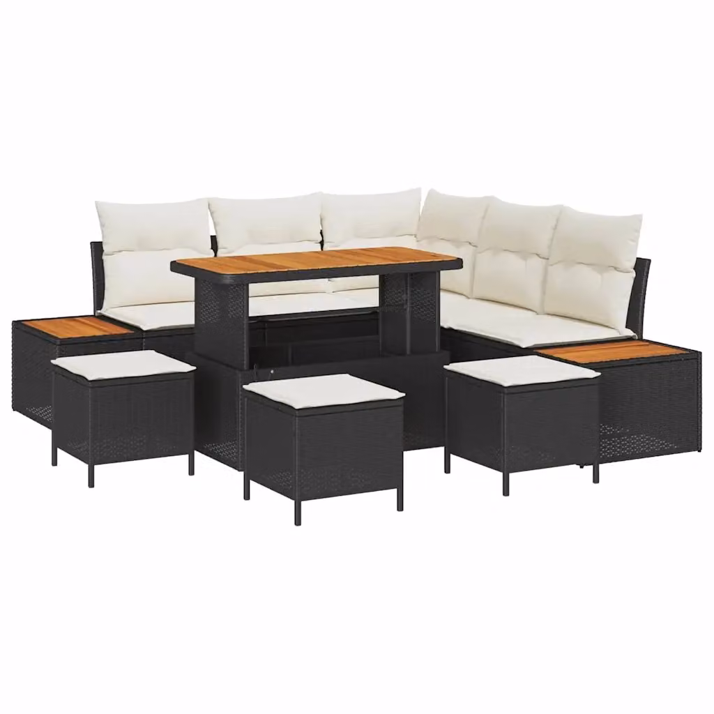 Set Divano da Giardino vidaXL a Forma di L con 9 Pezzi, Nero, con Cuscini e Tavolino, in Rattan e Metallo – 2