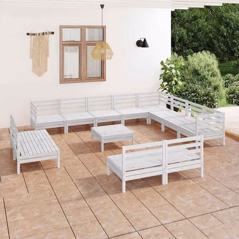 Set Salotto da Giardino vidaXL 13 pz in Legno di Pino Bianco con Cuscini e Design a L