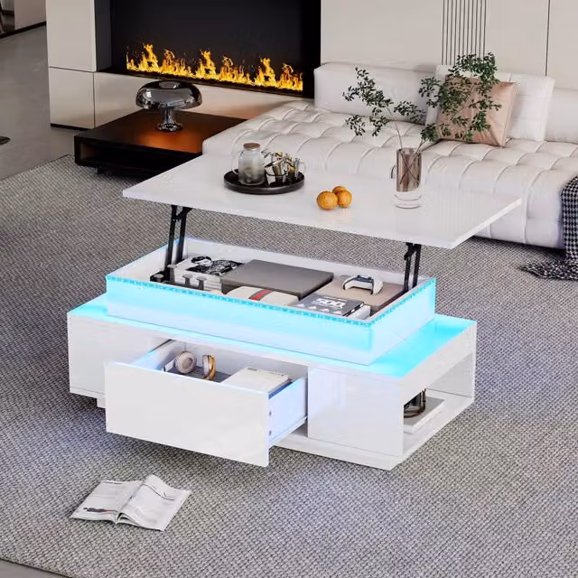 Tavolino da Salotto Regolabile in Altezza con LED, Vano Nascosto e Cassetto, 96x45x40 cm, Finitura Lucida, Bianco
