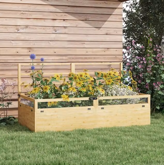 Fioriera rialzata ULEVR 183x98,5x95 cm con grigliato e reti protettive, legno di abete naturale