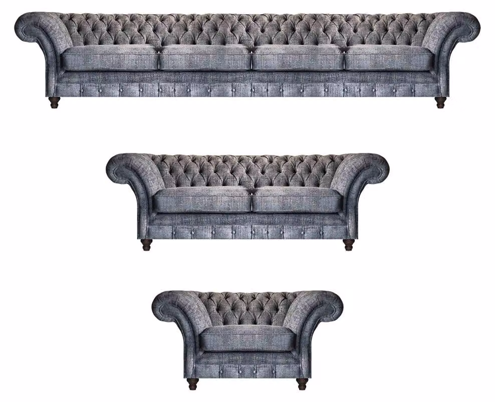 Graues Chesterfield Set Designer Couchen Luxus 4-Sitzer Sofa Sessel 3tlg