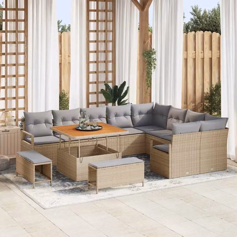 Set Divano da Giardino vidaXL 12 pz Beige in Polyrattan con Cuscini e Tavolino