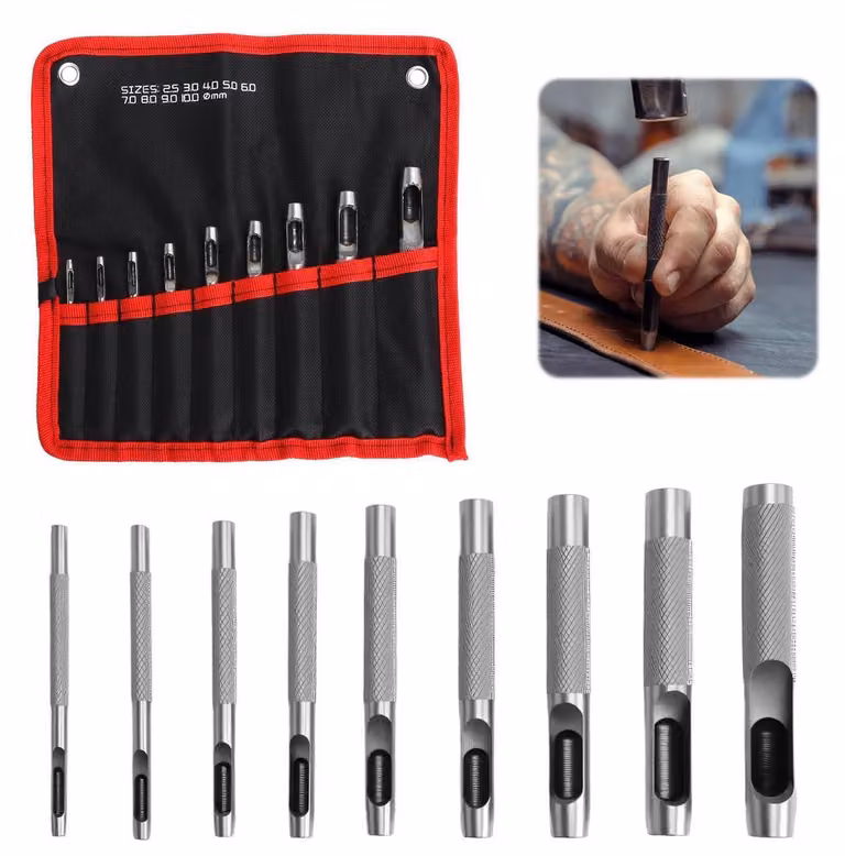 Set di punzoni per fori in acciaio, 9 pezzi, da 2,5 a 10 mm, con custodia in tessuto