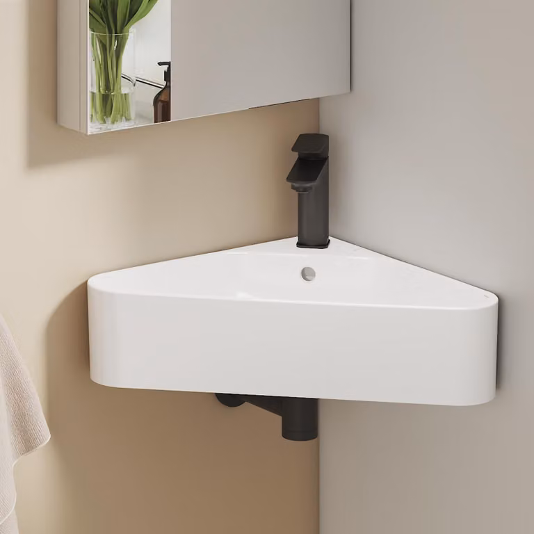 EMKE Lavabo angolare a parete in ceramica 560x340 mm Bianco lucido Lavabo triangolare a parete con troppopieno e foro per rubinetto per WC ospiti e bagni piccoli