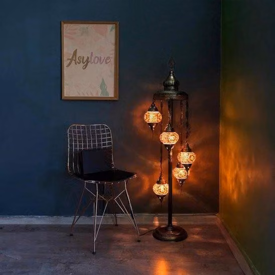 Lampada da terra turca realizzata a mano con 5 sfere di vetro – lampada da terra orientale con design a mosaico – marrone