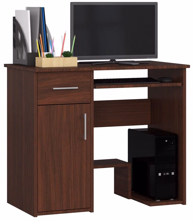 Scrivania da 90 cm con ripiano per tastiera, 1 cassetto e 1 anta; scrivania per computer, tavolo da lavoro