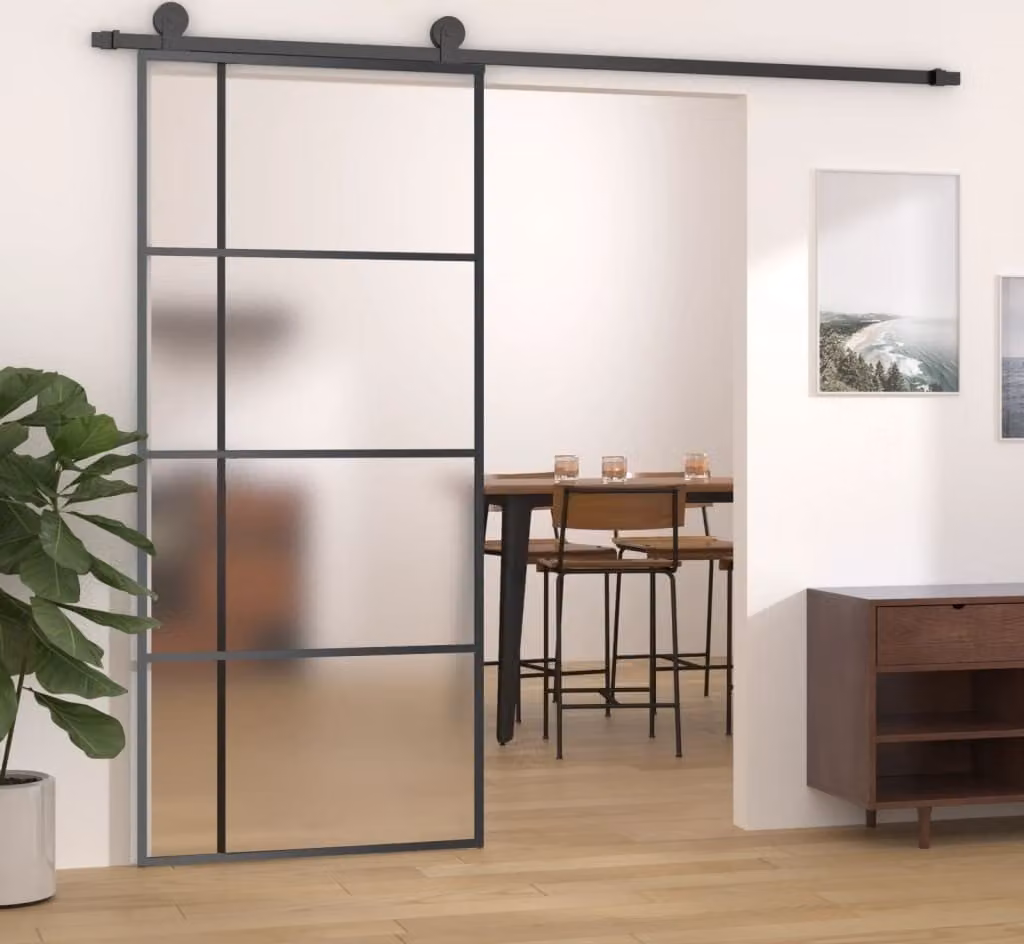 The Living Store Porta scorrevole ESG in vetro e alluminio opaco 90x205 cm Nero