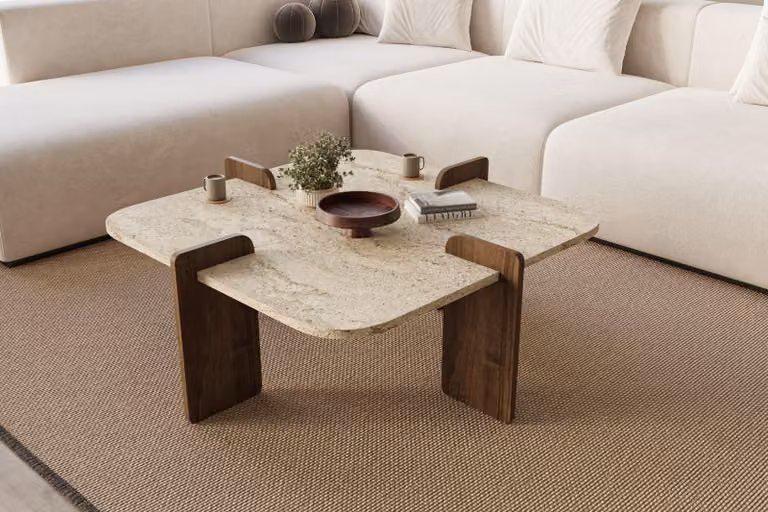 Skye Decor, tavolino moderno (90 x 35 x 90 cm), travertino e noce, pannello truciolare rivestito al 100% in melamina | Smontato, design elegante per interni di classe.