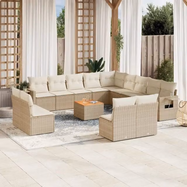 Set di Divani da Giardino a L vidaXL in Polyrattan Beige con Cuscini e Tavolino da Esterno