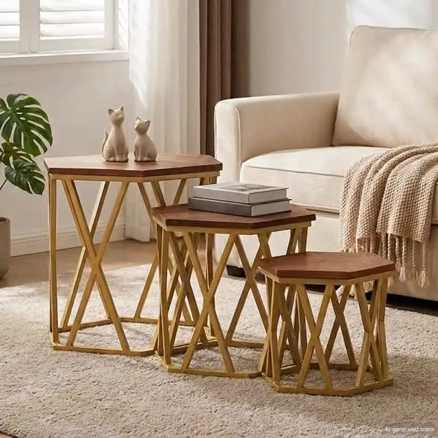Tavolini da salotto moderni vidaXL in legno di mango e metallo, colore marrone e oro, L/P/H: 55 x 55 x 50 cm