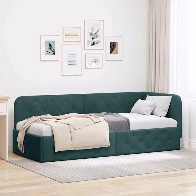 Cornice del letto ad angolo vidaXL in velluto verde con struttura in legno, L 200 x P 80 x H 72 cm