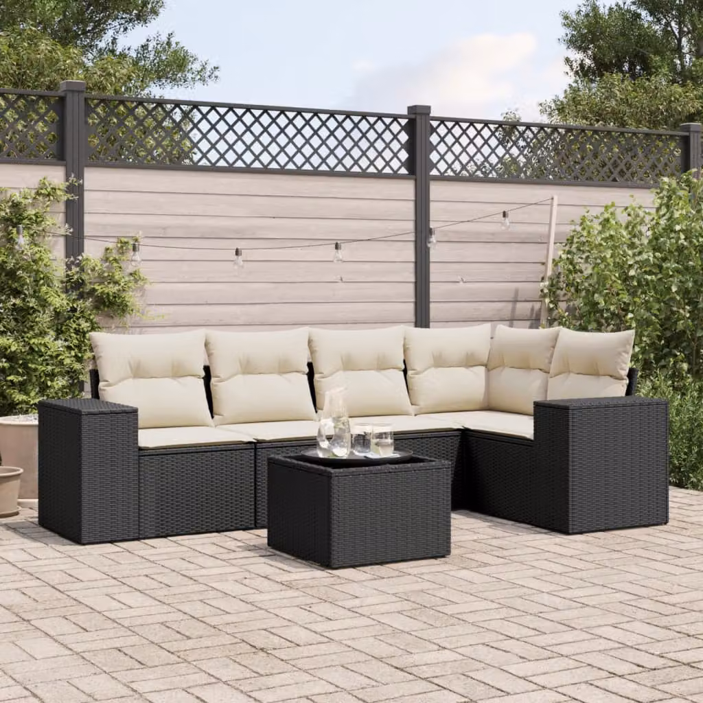 Set Divano da Giardino vidaXL 6 pz a L in Polyrattan Nero con Cuscini e Tavolino – 1