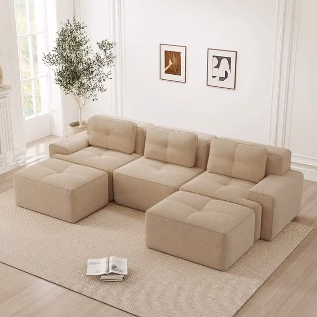 Divano modulare a U senza montaggio con seduta profonda e base antiscivolo in velluto a coste beige