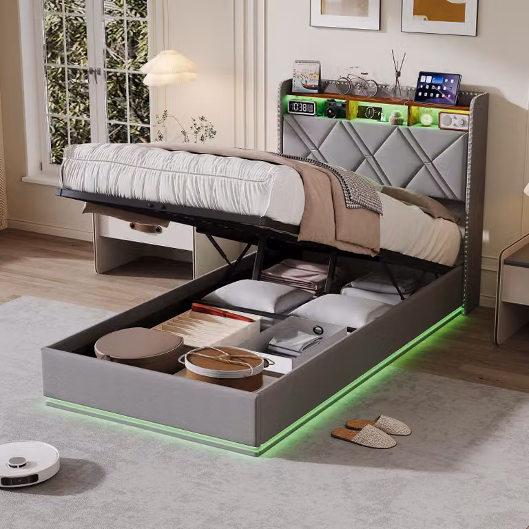Letto imbottito ProximaX 90x200 cm con USB e Type-C, letto singolo per ragazzi con LED, letto a cassettone idraulico con rete a doghe, rivestimento in lino, grigio