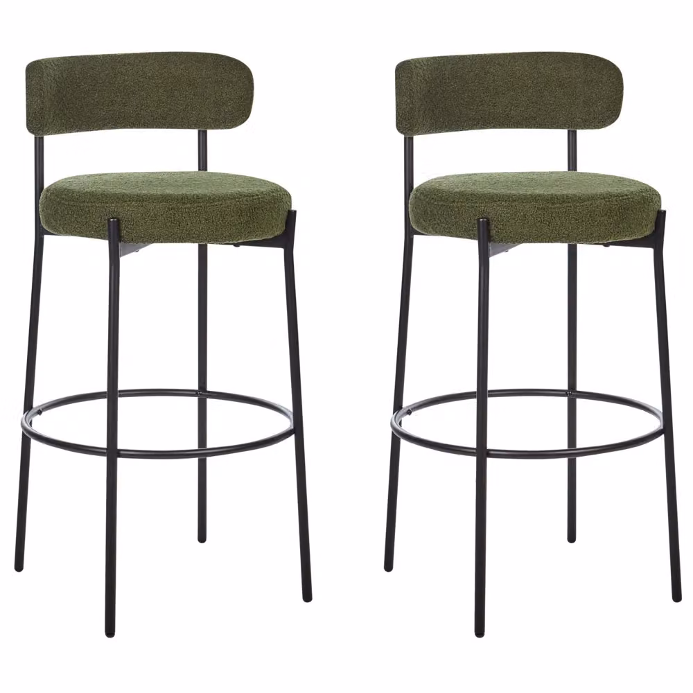 Set di 2 sgabelli da bar BELIANI in tessuto bouclé verde scuro con gambe in metallo nero opaco design moderno per cucina e sala da pranzo – 2