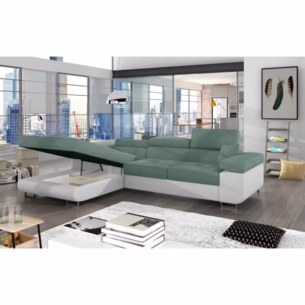 Divano ad angolo convertibile AMANDA MEUBLORAMA verde in ciniglia con funzione letto e contenitore L/P/H: 280 x 149 x 90 cm – 2