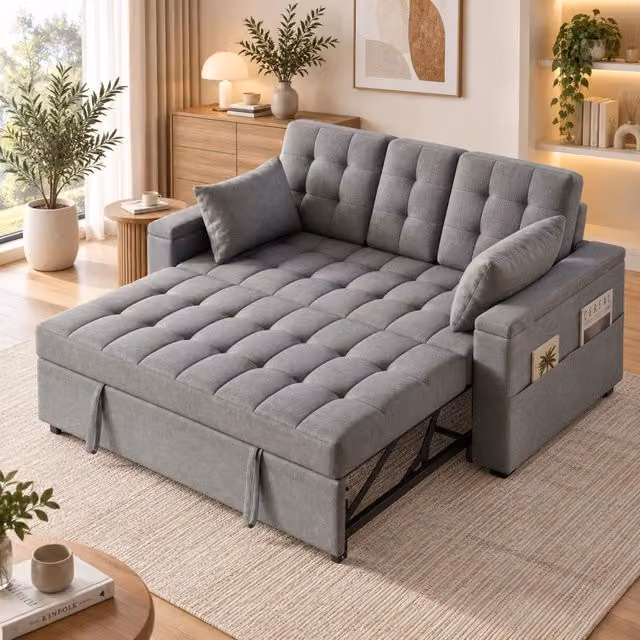Divano letto convertibile 2 sedili 159x142.5x92cm; schienale regolabile; braccioli con vani portaoggetti; cuscini 2; Lin; grigio