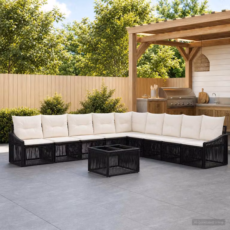 Set Divano da Giardino vidaXL a Forma di L in Polyrattan Nero con Tavolino e Cuscini