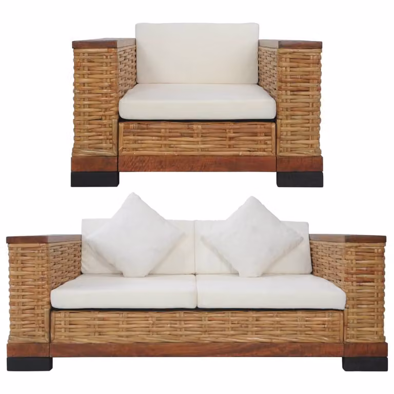 set divano 2 pezzi con cuscini in rattan naturale marrone