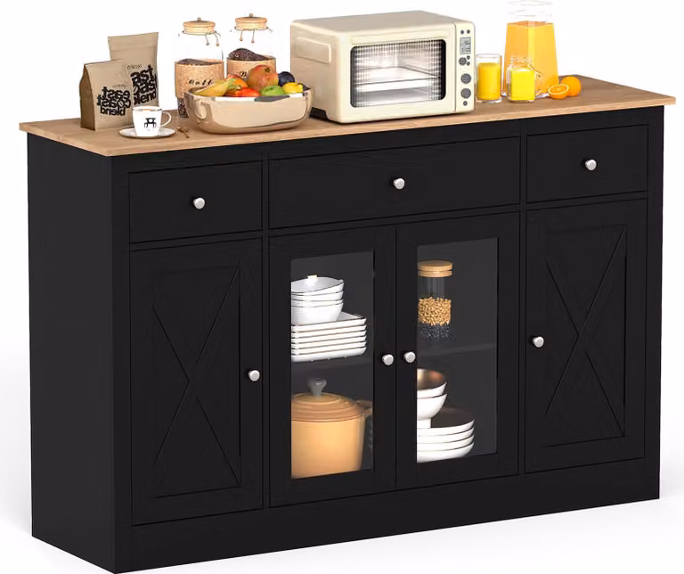 COSTWAY Credenza, 140 cm, mobile da cucina con 3 cassetti, 2 ante in vetro e ripiani regolabili, credenza da cucina in stile rustico, legno nero