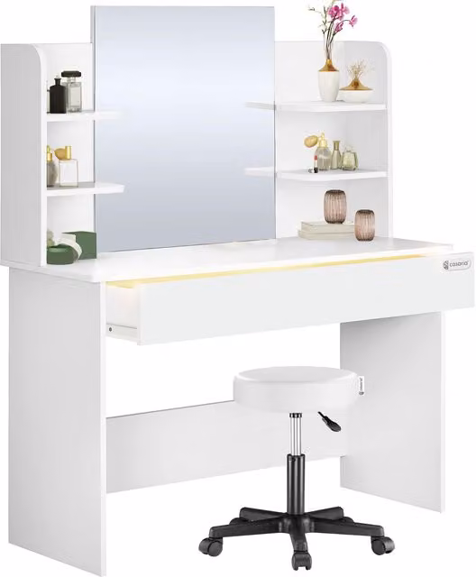 Tavolino da toilette Lucia Casaria Bianco L: 140 cm, H: 110 cm, P: 40 cm con sgabello rotante