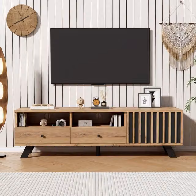 Mobile porta televisore 150 cm con 2 cassetti, finitura legno naturale e nero per spazi compatti
