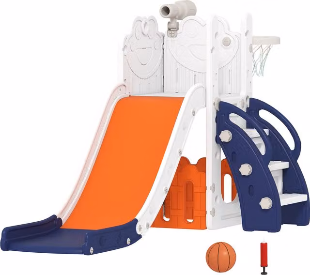 Set Scivolo per Bambini 5 in 1 AIYAPLAY con Canestro, Scaletta, Telescopio e Contenitori, Blu scuro – 1