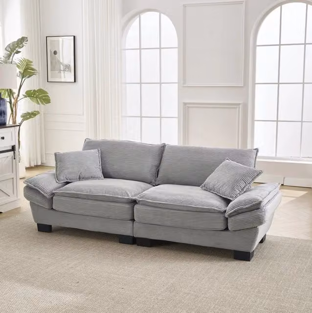 Divano 2 posti 224 cm in velluto grigio chiaro con 2 cuscini HOMVRA